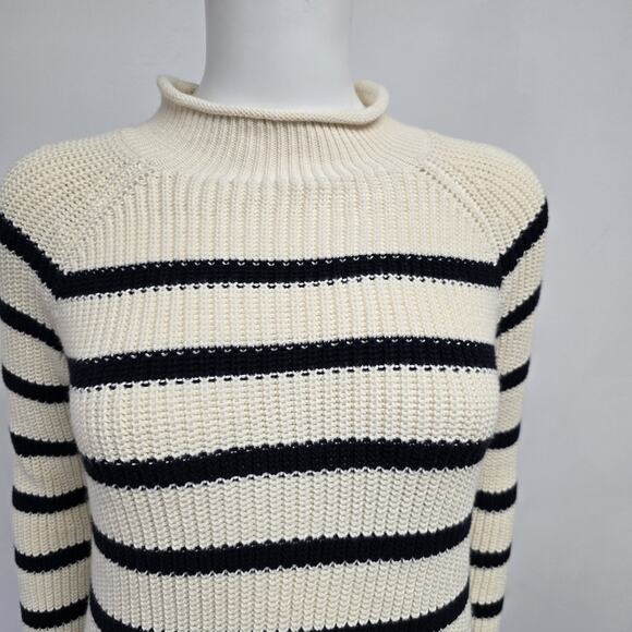 Talbots SP S Petite Sweater Pullover Cream Navy Stripe Rollneck Preppy Cotton - Picture 2 of 8